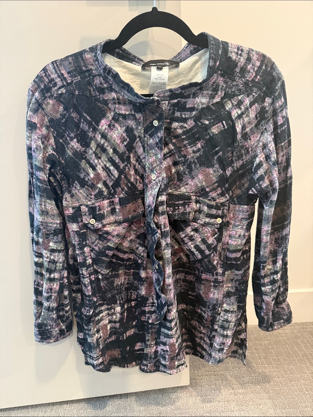 Isabel Marant Vintage Black and Purple Abstract Print Button-Down Shirt
